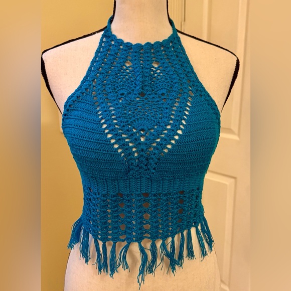 homemade Tops - NWOT Chic Teal Crochet Halter Crop Top, Sz Large, unlined